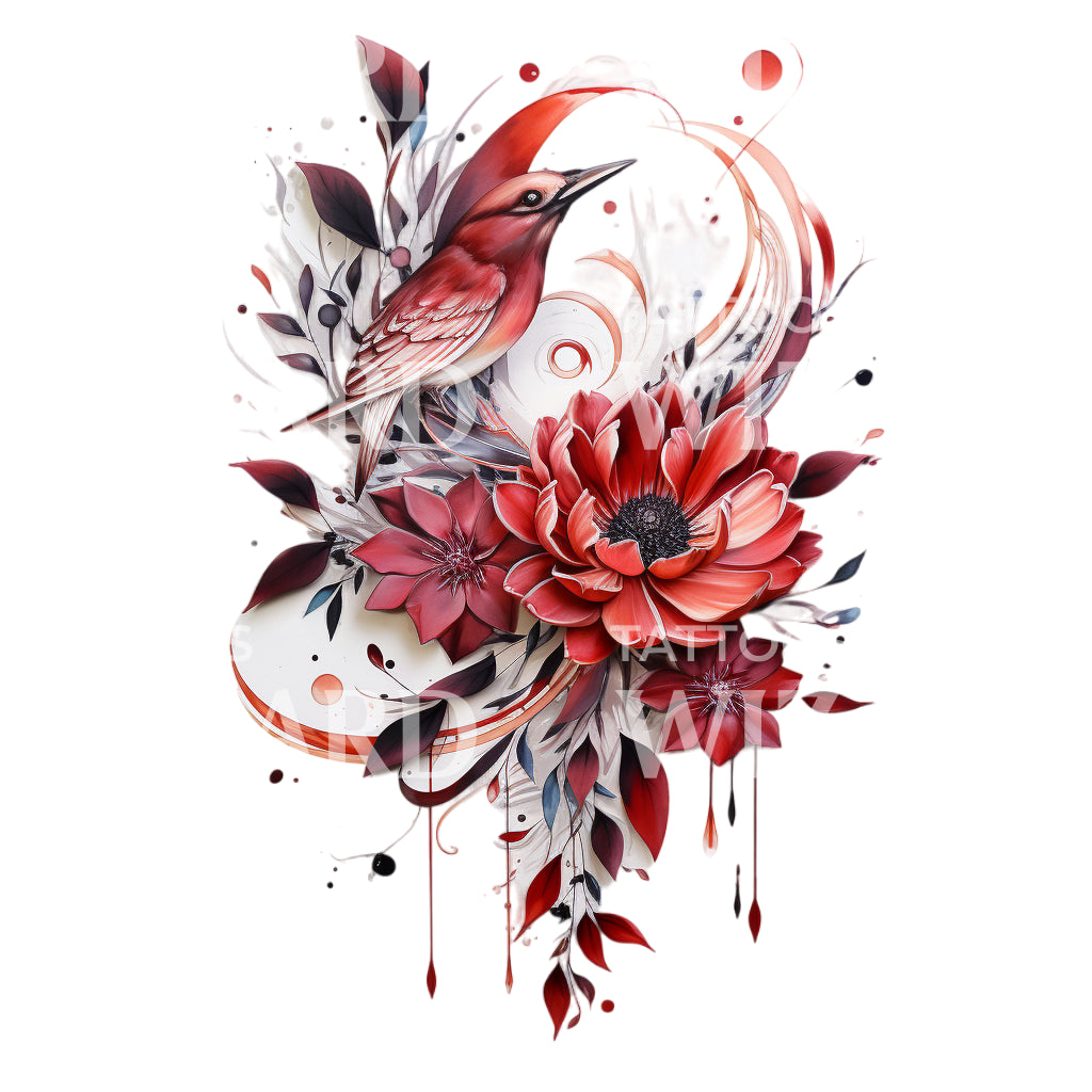 Bird and Poppy Flower Tattoo Design