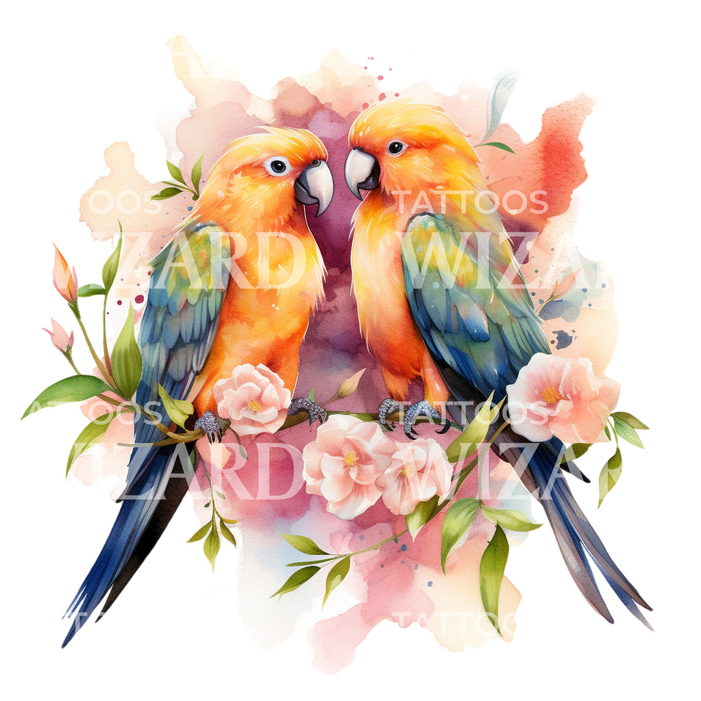 Watercolor Lovebirds Tattoo Design