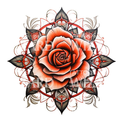Neo Traditional Rose Mandala Tattoo Design