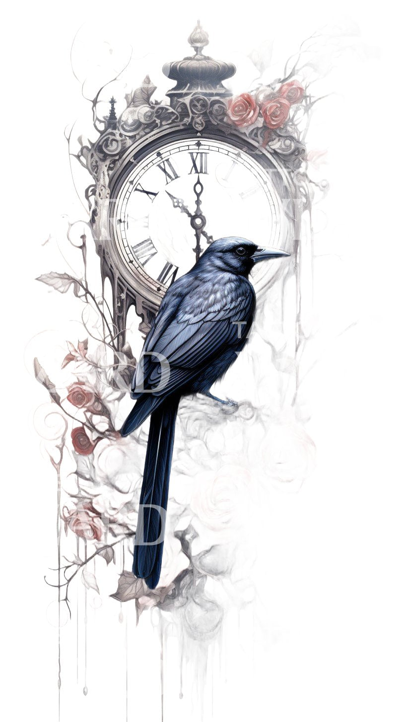 Horloge corbeau à demi-manches et conception de tatouage de roses rouges