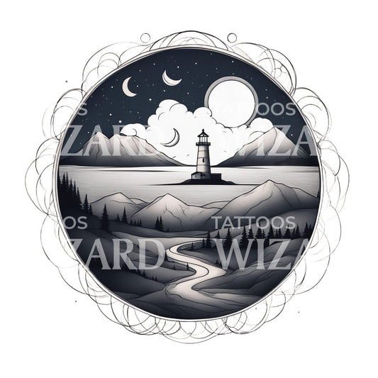 A Landscape with a Lighthouse Moon Clouds and Trees Tattoo Design