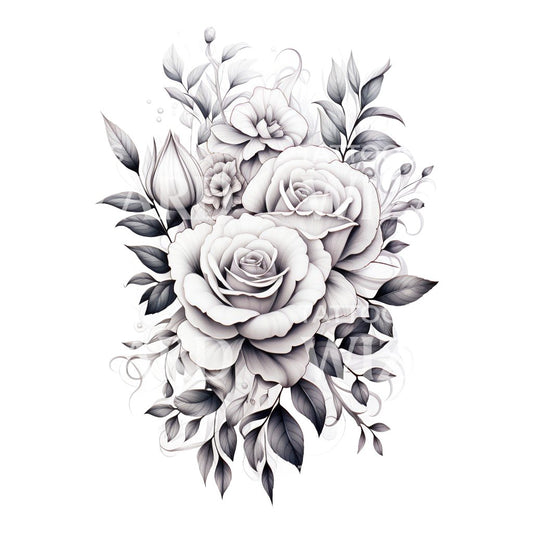 Black and Grey Roses Bouquet Tattoo Design
