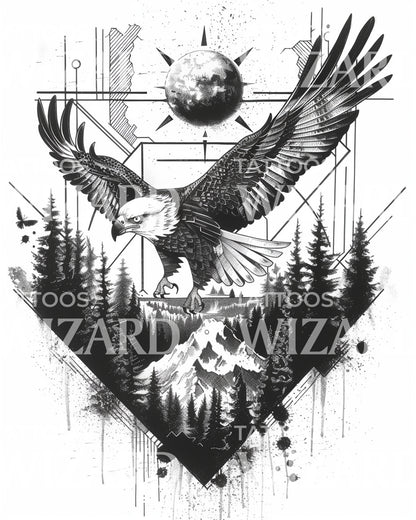 Eagle and Geometric Landscape Tattoo Design