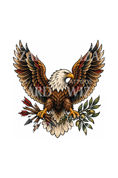 Diseño de tatuaje neotradicional de águila con flechas rotas y olivo