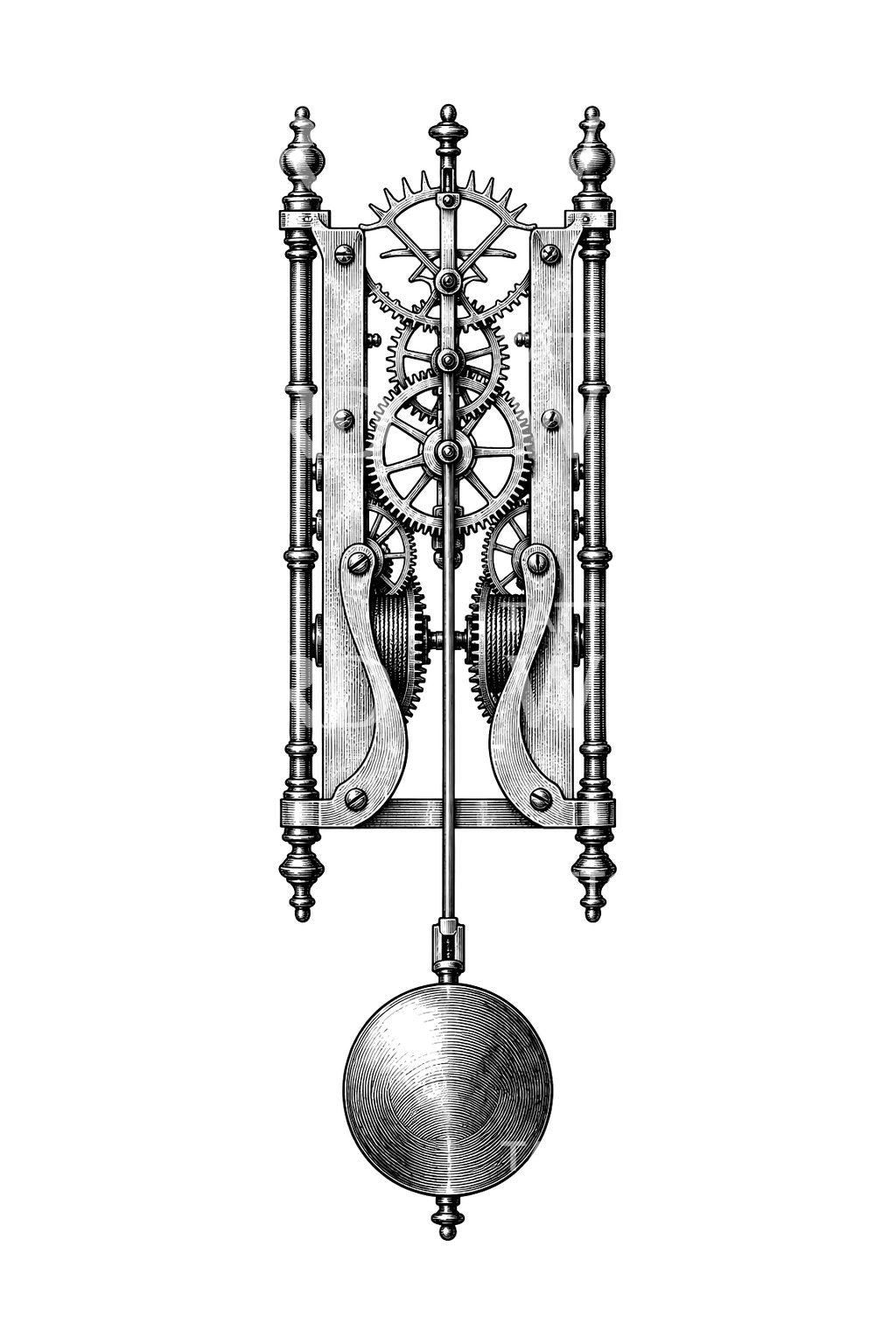 Early Pendulum Clock Movement Tattoo Illustration