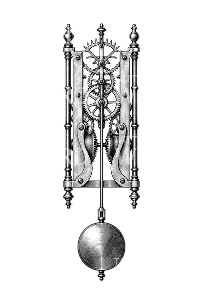Early Pendulum Clock Movement Tattoo Illustration
