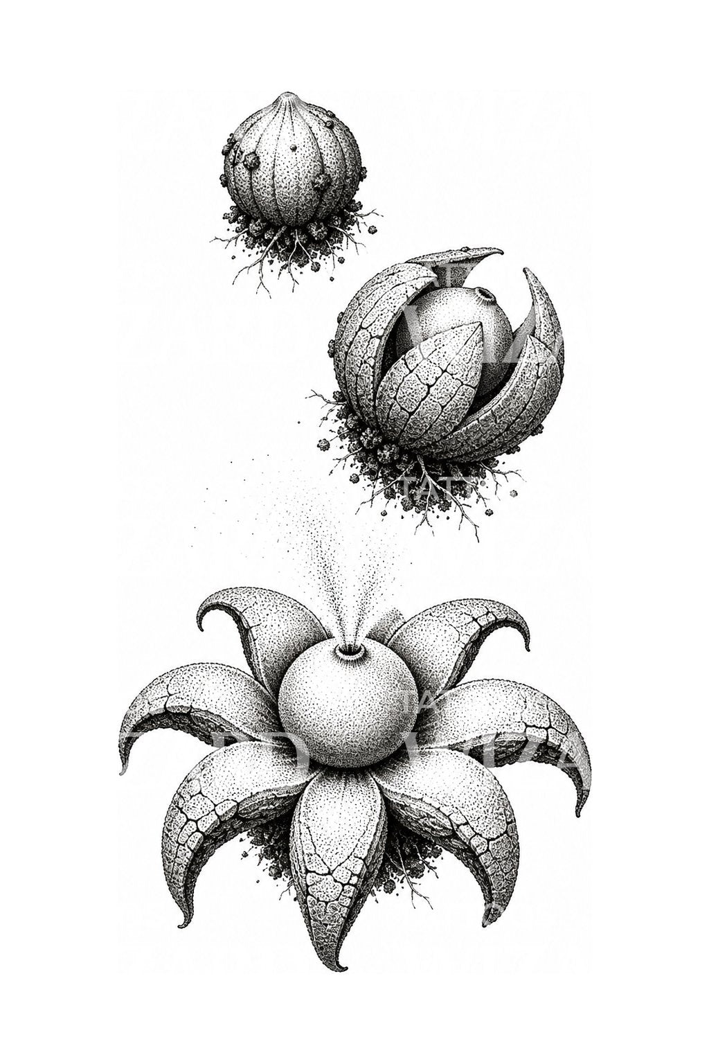 Diseño de tatuaje de hongo estrella de tierra abierto