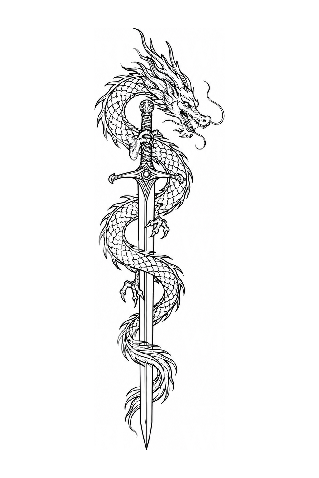 Eastern Dragon Coiled around a Sword Tattoo Design
