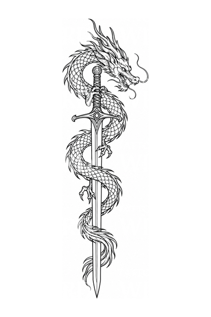 Eastern Dragon Coiled around a Sword Tattoo Design