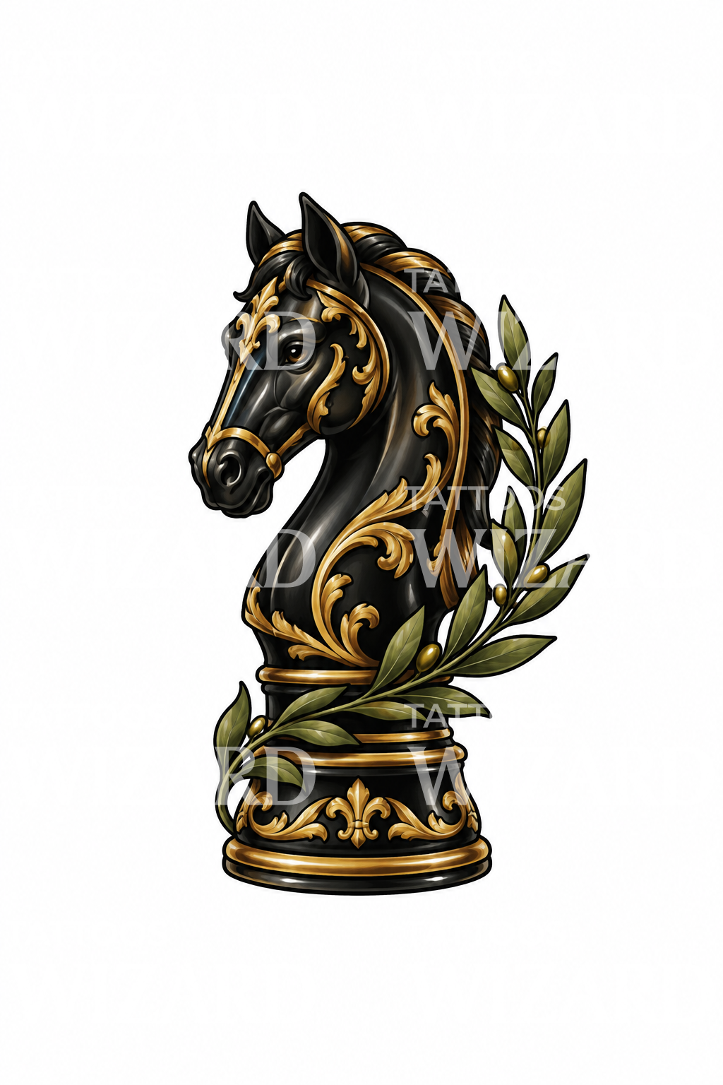 Ebony and Gold Chess Knight Tattoo Design