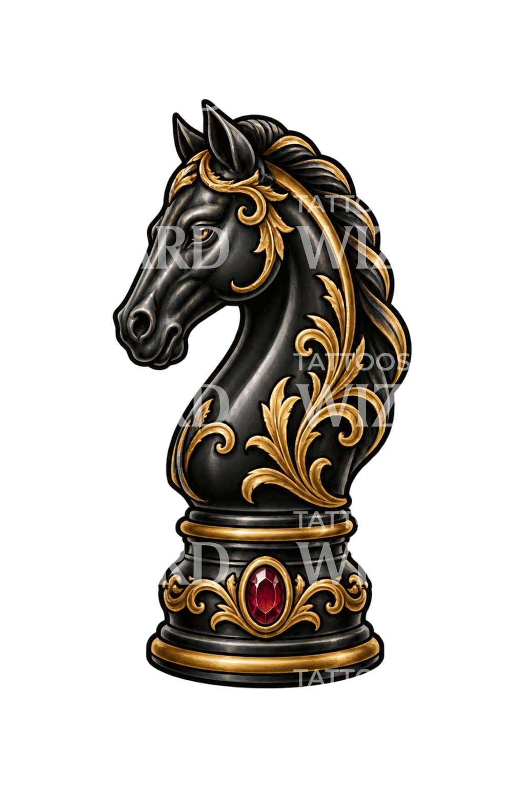 Schachspringer-Tattoo-Design in Ebenholz und Gold