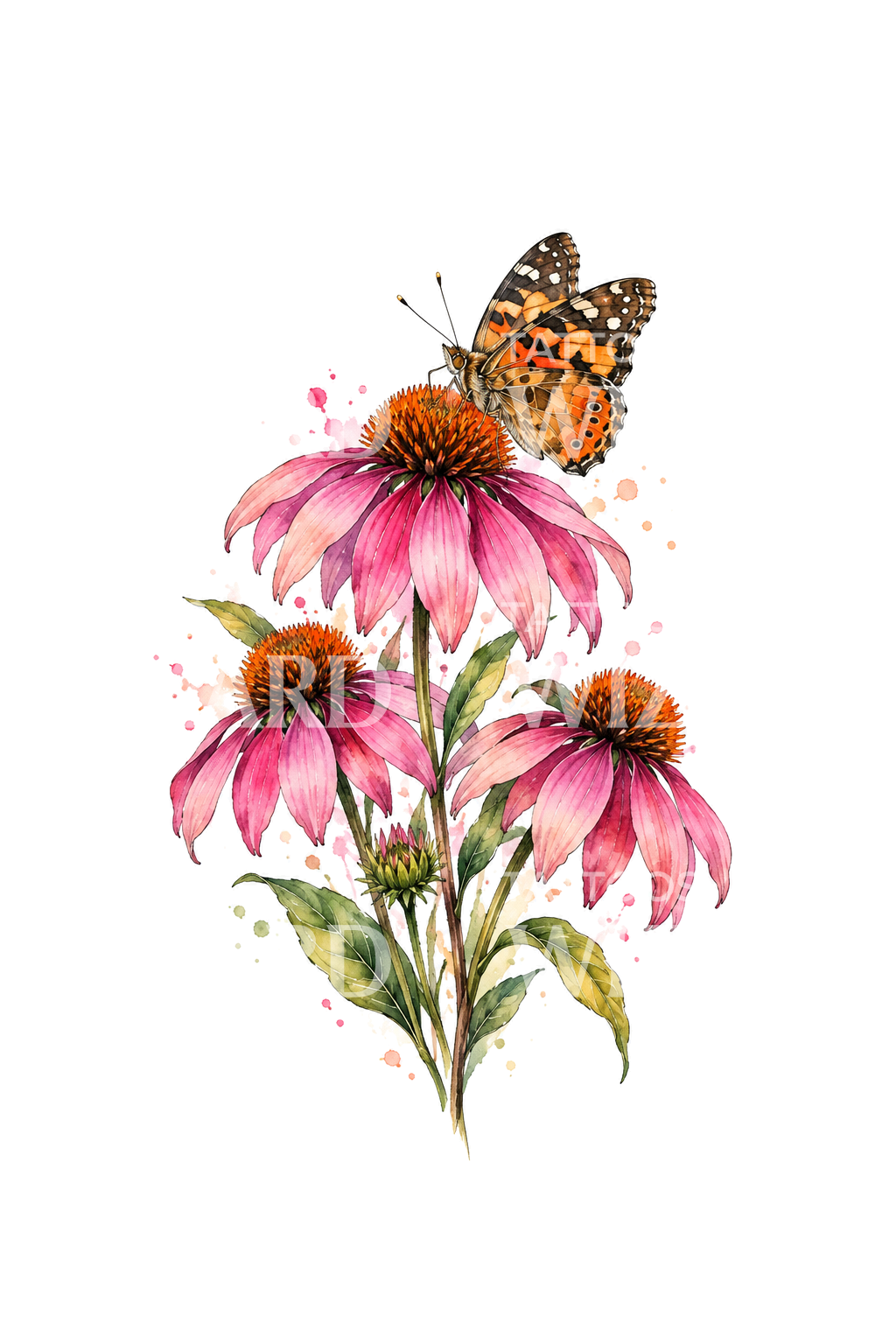 Echinacea Coneflowers with Painted Lady Butterfly Tattoo