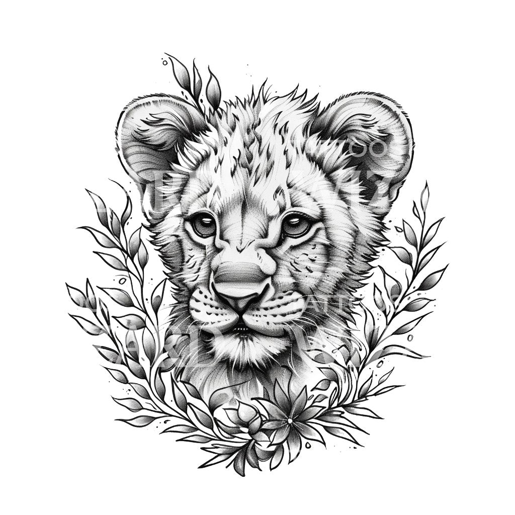 Niedliches Löwenjunges schwarz-graues Tattoo-Design