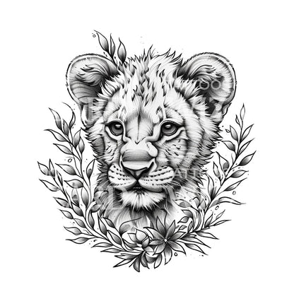 Cute Lion Cub Black and Grey Tattoo Design