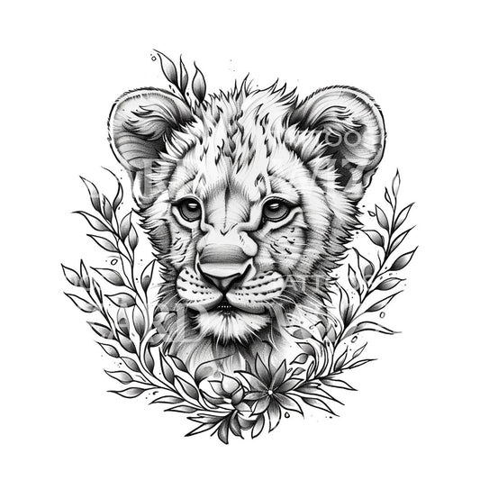 Cute Lion Cub Black and Grey Tattoo Design