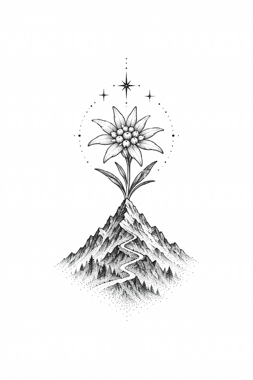 Tato Dotwork Edelweiss di Atas Jalur Puncak Gunung
