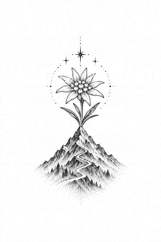 Dotwork-tatovering med edelweiss over en bjergtopsti
