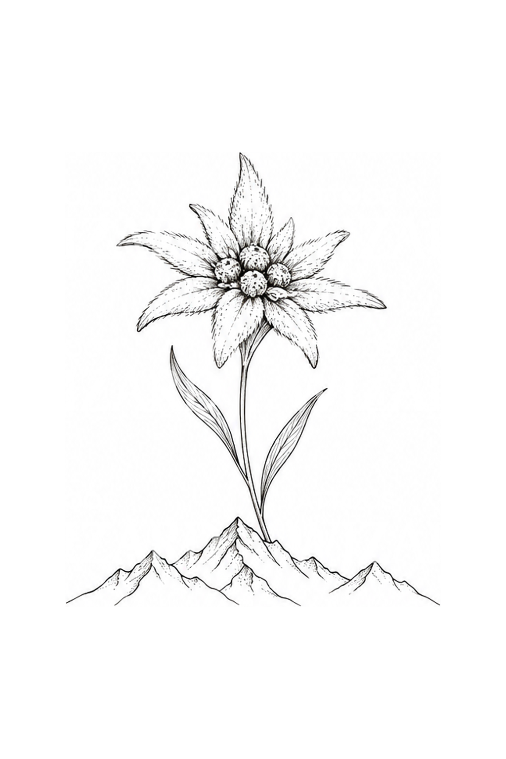 Tatuaż edelweiss nad alpejskimi szczytami w stylu fine line