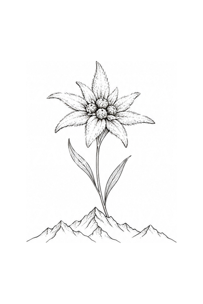 Tatuaż edelweiss nad alpejskimi szczytami w stylu fine line