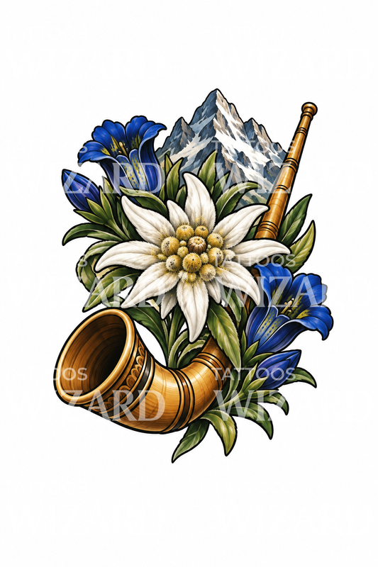 Edelweiss Alphorn and Gentian Tattoo Design
