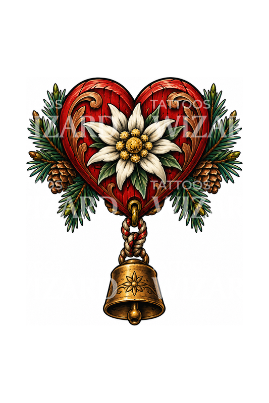 Edelweiss Alpine Heart with Cowbell Tattoo Design