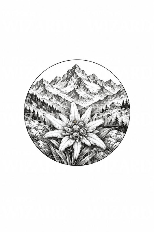 Cirkelvormig tattoo-ontwerp van edelweiss in een Alpenvallei