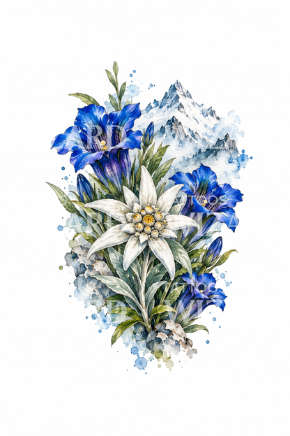 Αλπικό σχέδιο τατουάζ εντελβάις και γεντιανής σε ακουαρέλα