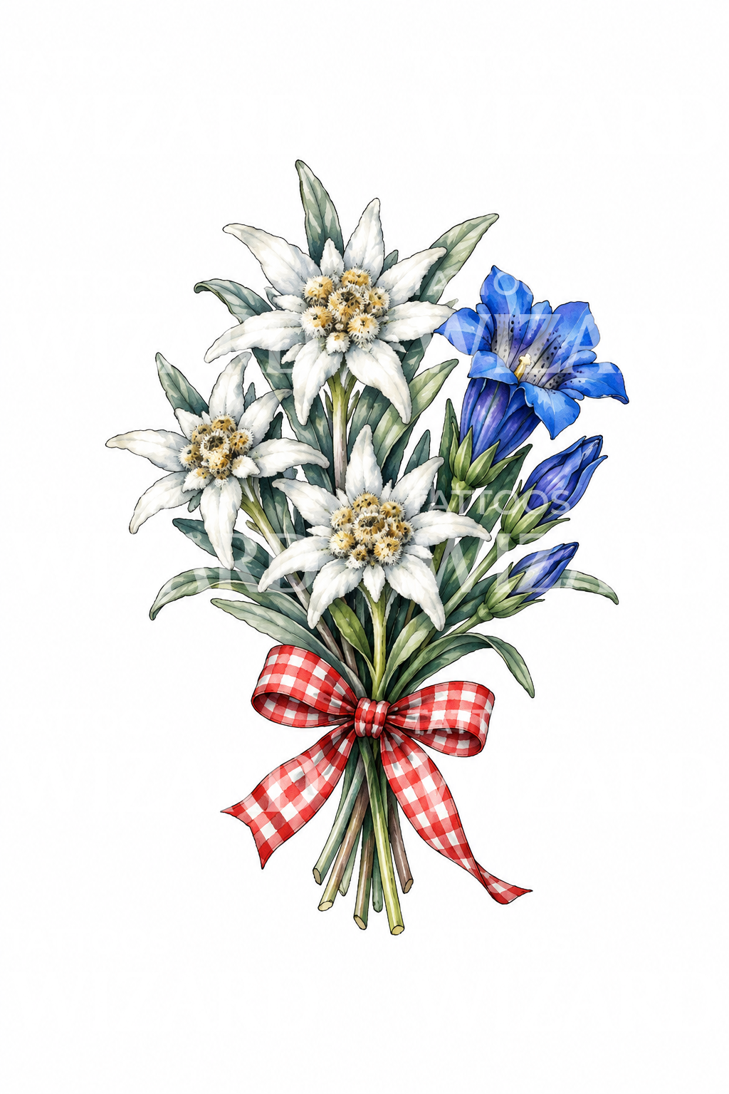 Idea per tatuaggio con stella alpina, genziana e nastro a quadri