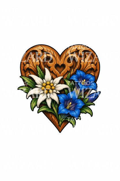 Tatuaggio con edelweiss e genziana su cuore di legno intagliato