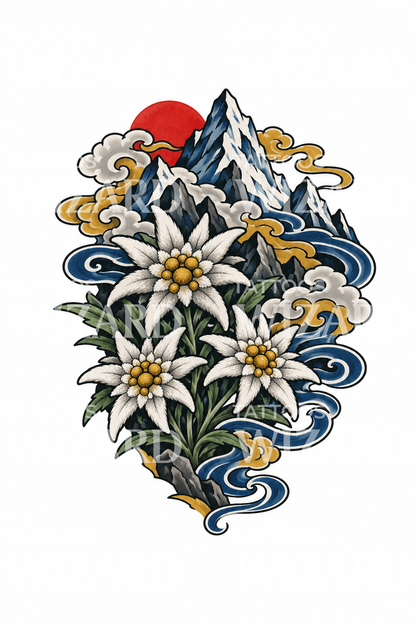 Japansk tatovering med edelweiss og fjellskyer