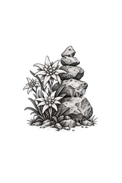 Tatouage dotwork de fleurs d’edelweiss près d’un cairn