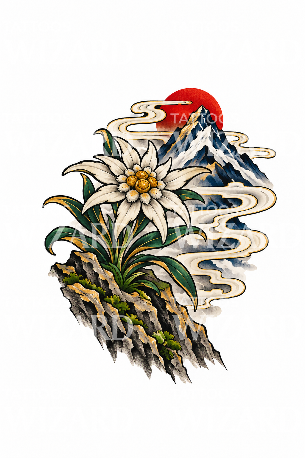 Edelweiss on a Mountain Ledge Japanese Tattoo Design
