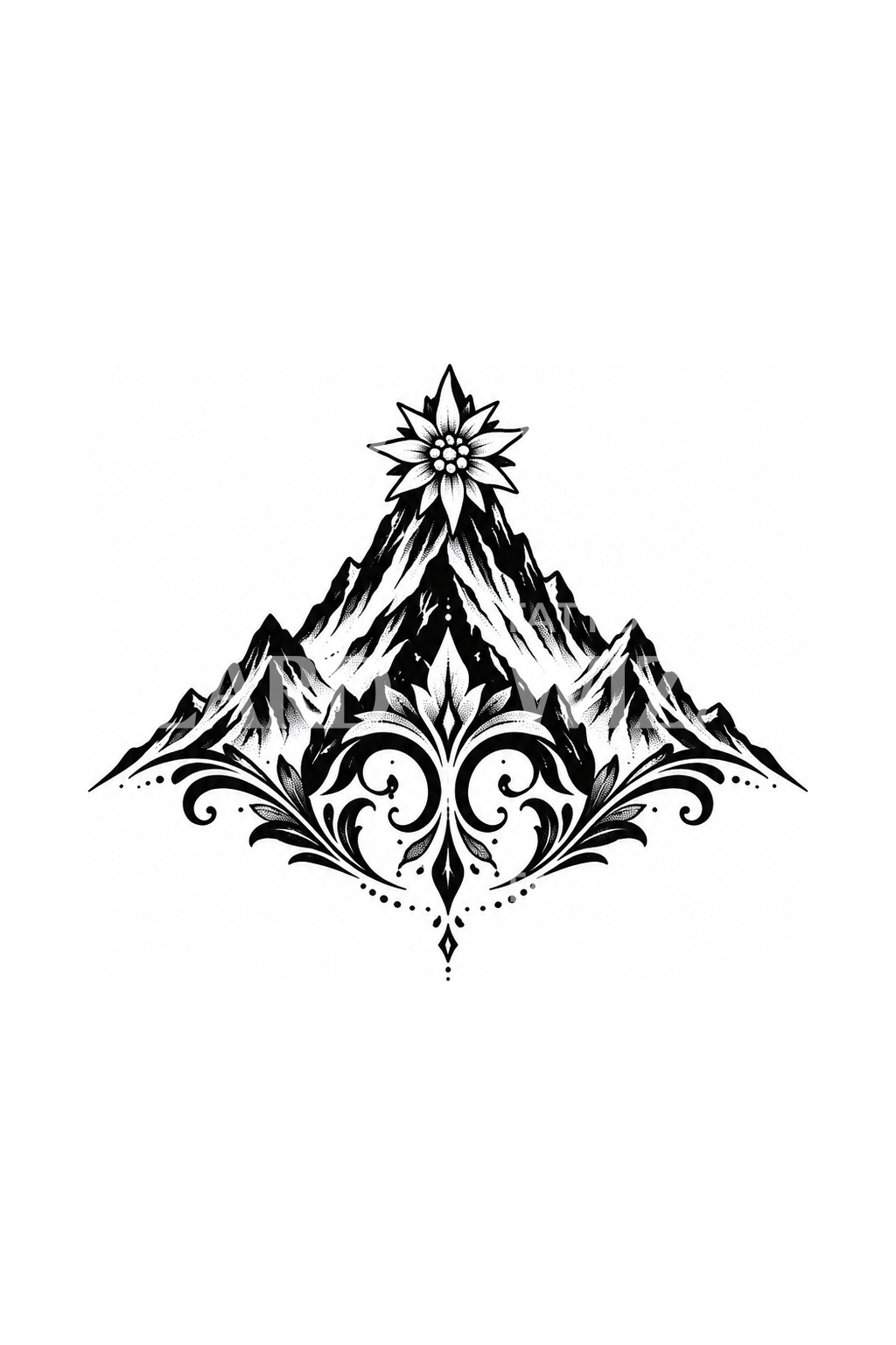Tatuaż blackwork z szarotką na alpejskim szczycie