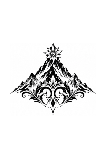 Tatuaż blackwork z szarotką na alpejskim szczycie