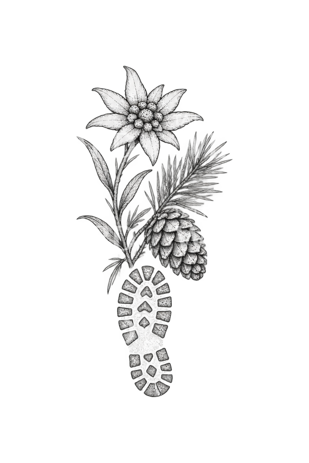 Tatuering med edelweiss, kotte och kängavtryck