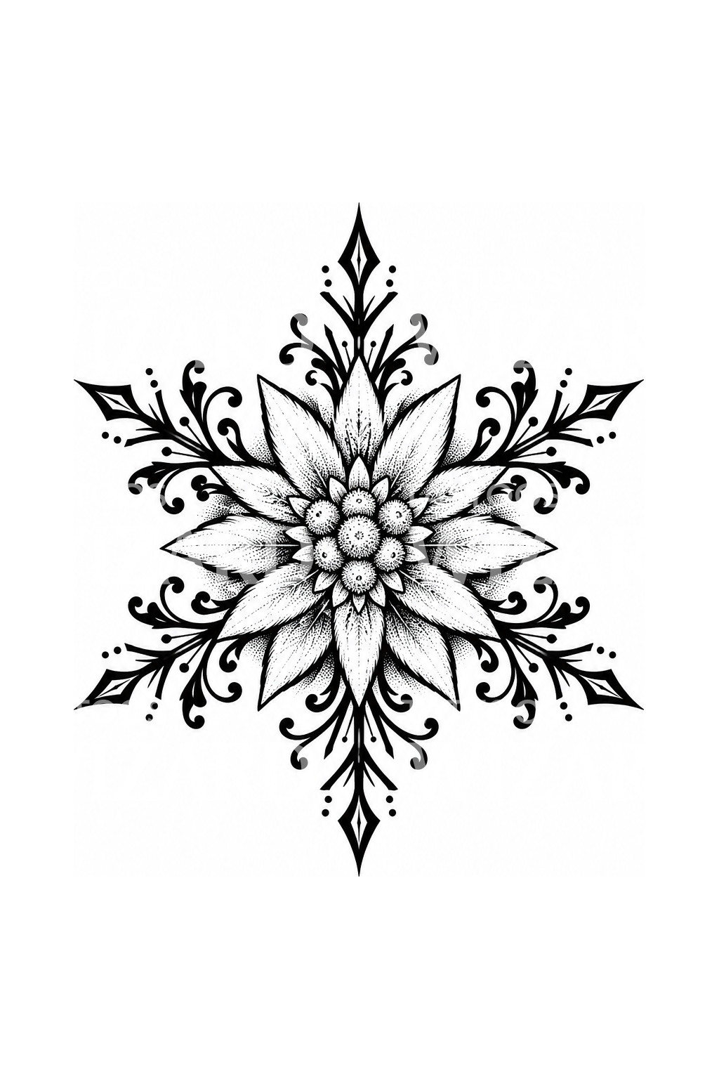 Blackwork-Tattoo mit Edelweiß und Schneeflocke