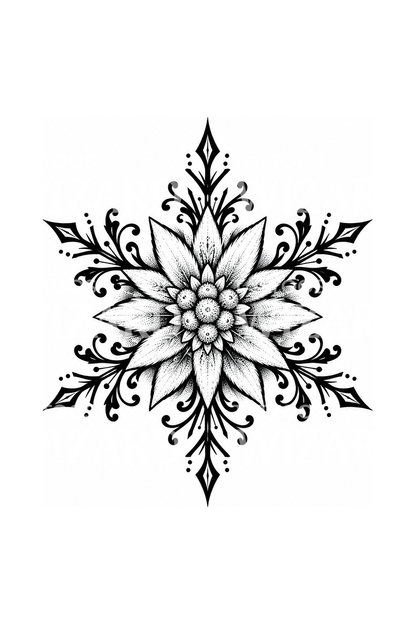Blackwork-Tattoo mit Edelweiß und Schneeflocke