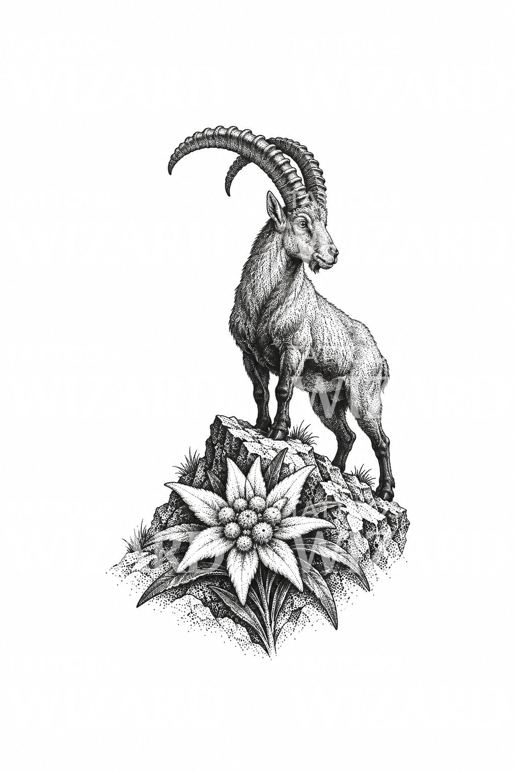 Dotwork-tatovering med edelweiss og steinbukk på klippe