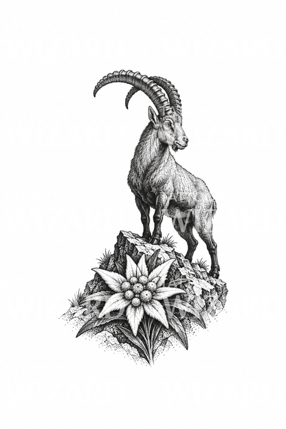 Dotwork-tatovering med edelweiss og steinbukk på klippe
