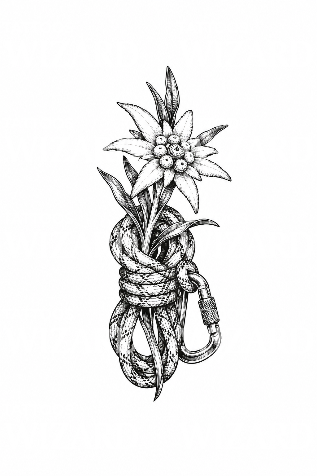 Skitset tatoveringsdesign med edelweiss og klatrereb