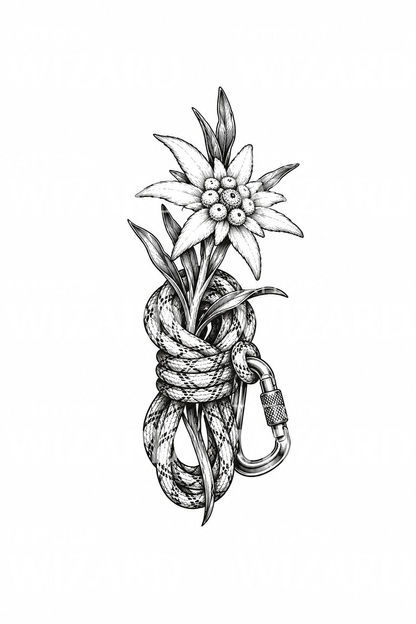 Skitset tatoveringsdesign med edelweiss og klatrereb