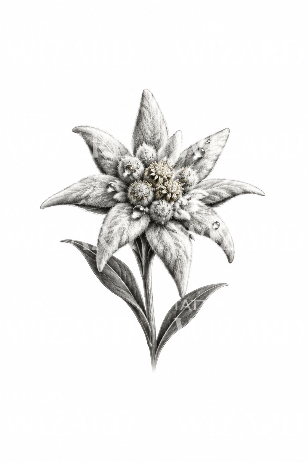 Diseño de tatuaje de edelweiss en negro y gris con rocío