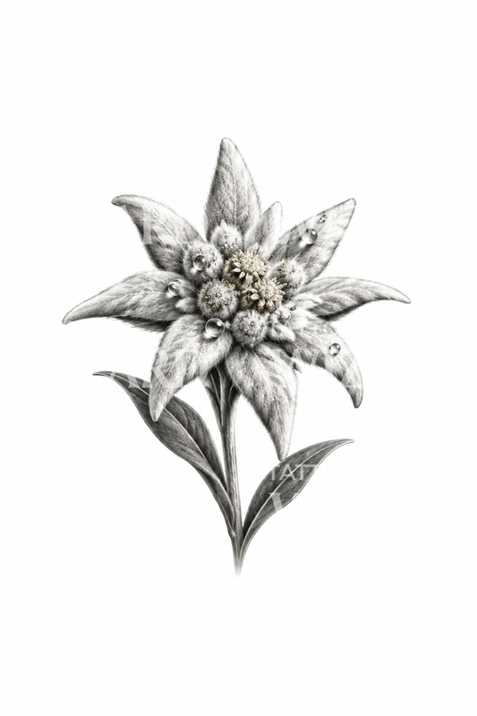 Desenho de tatuagem de edelvais a preto e cinzento com gotas de orvalho