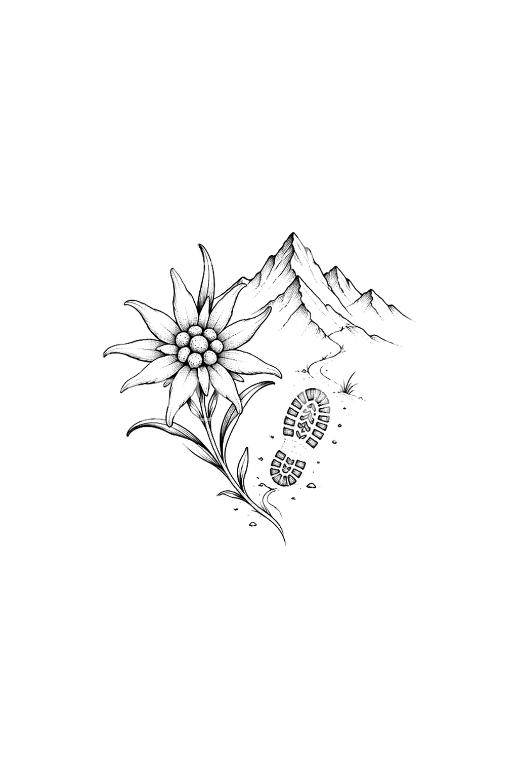 Tatuaggio edelweiss con impronte di scarponi e vetta in fine line
