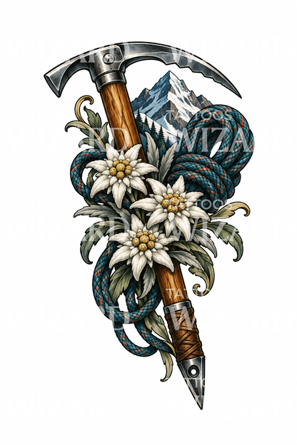 Edelweiss with Ice Axe and Rope Tattoo