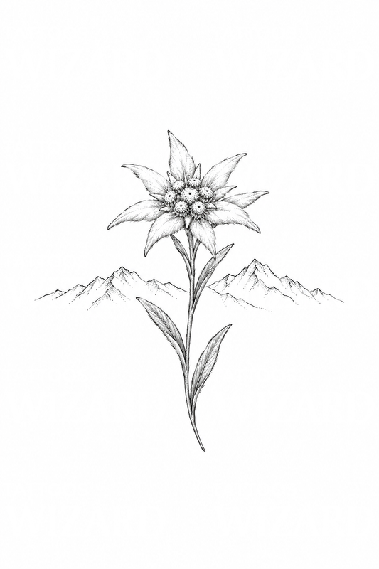 Edelweiss med fjellkam som fine line-tatovering
