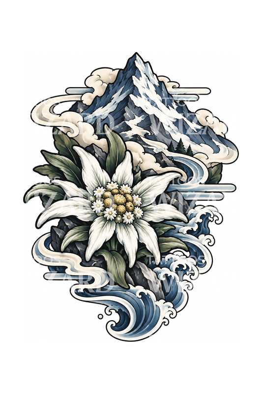 Edelweiss with Snowy Peak and Clouds Japanese Tattoo
