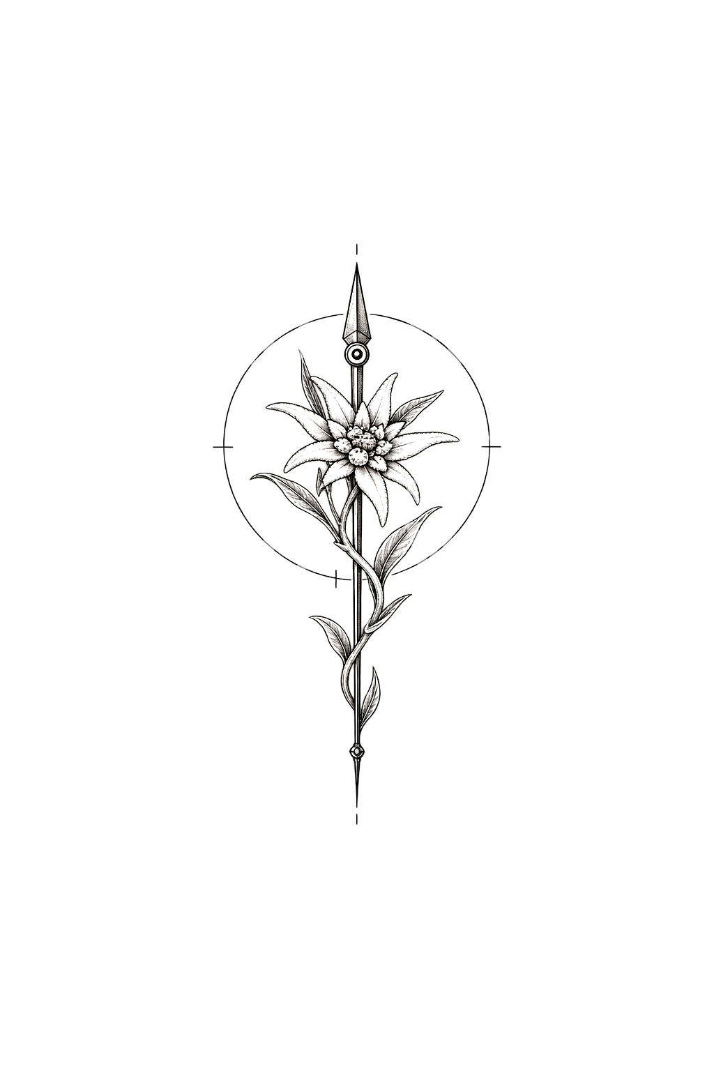 Tatouage fin d’edelweiss enroulé autour de l’aiguille d’une boussole