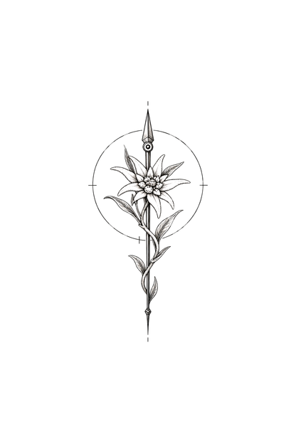 Tatouage fin d’edelweiss enroulé autour de l’aiguille d’une boussole