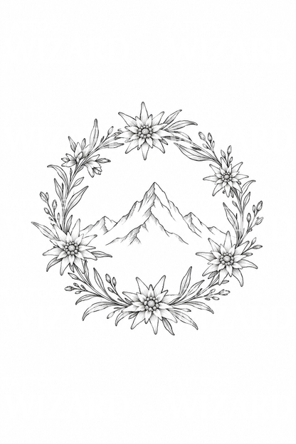 Tattoo-idé med edelweisskrans rundt alpine topper